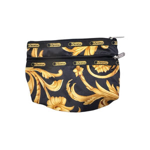LeSportsac Black Gold Baroque Print Nylon Cosmetic Travel Pouch Zip Organizer